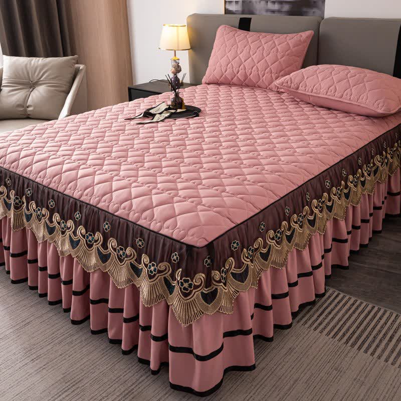 Ownkoti Heart Quilted Lace Bed Skirt Sheet - Pink - Bed Skirt Sheet with 2PCS Pillowcases - King - image 10