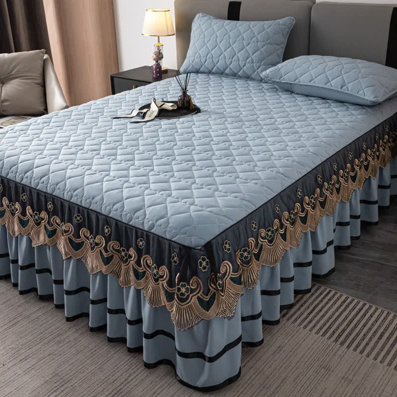 Ownkoti Heart Quilted Lace Bed Skirt Sheet - Sky Blue - Bed Skirt Sheet with 2PCS Pillowcases - King - image 17