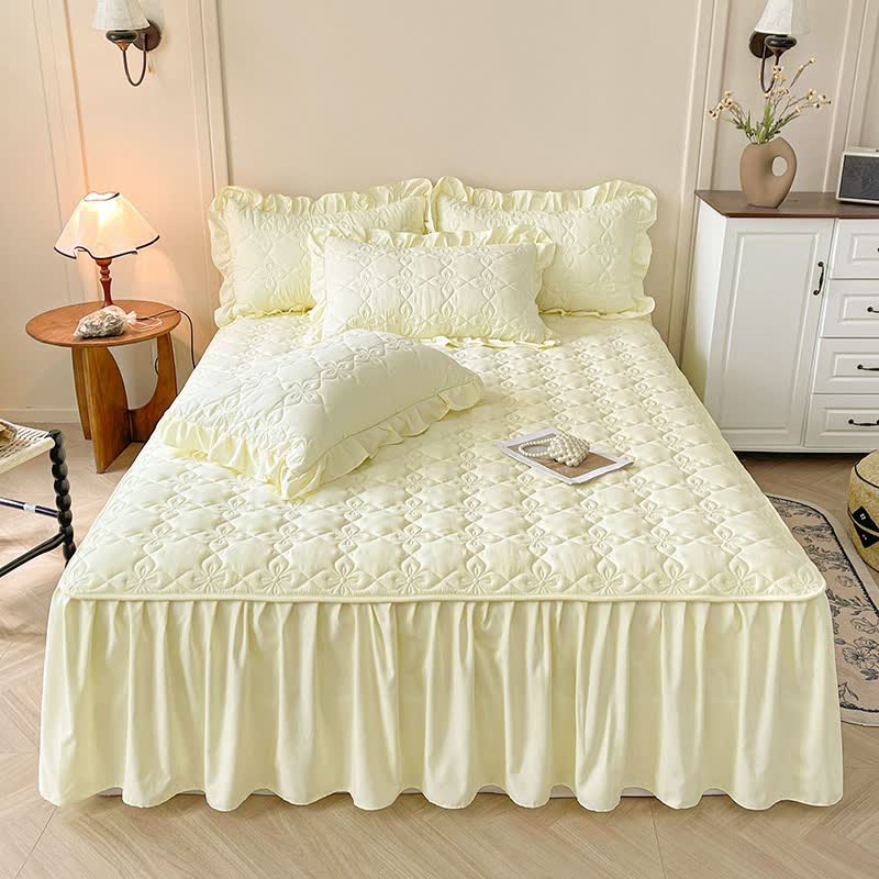 Ownkoti Geometric Quilted Bed Skirt Sheet - Yellow - Bed Skirt Sheet with 2PCS Pillowcases - King - image 0