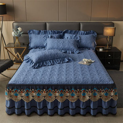 Ownkoti Quilted Sheet with Detachable Bed Skirt - Dark Blue - Bed Skirt Sheet with 2PCS Pillowcases - King - image 0