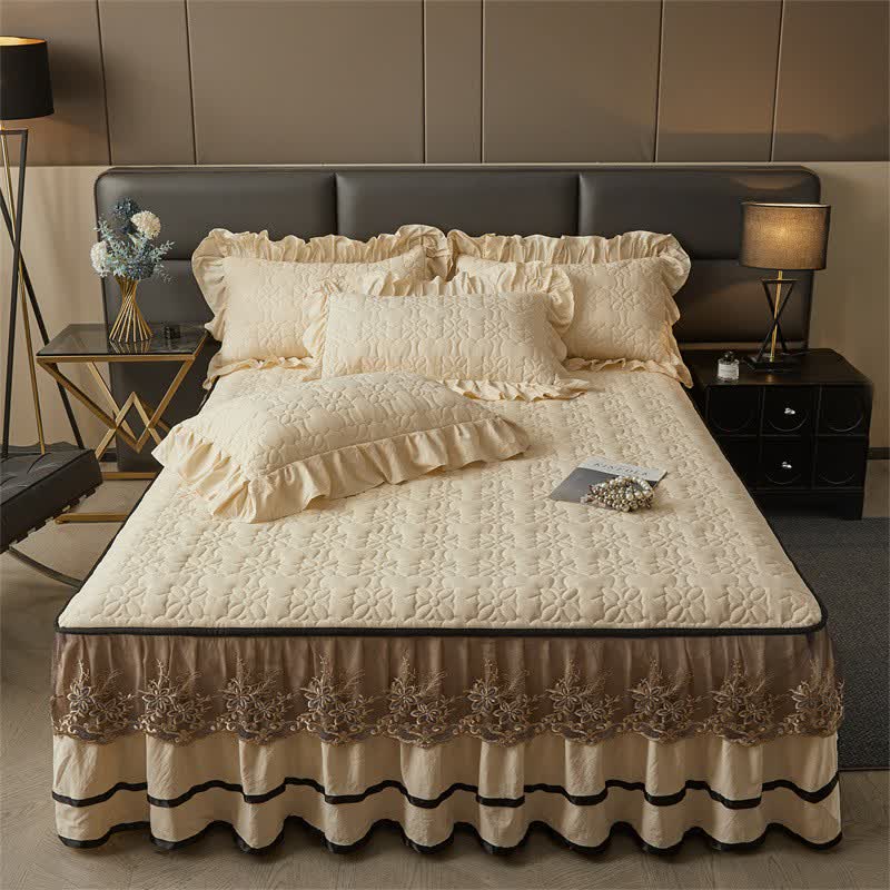 Ownkoti Quilted Sheet with Detachable Bed Skirt - Champagne - Bed Skirt Sheet with 2PCS Pillowcases - King - image 6
