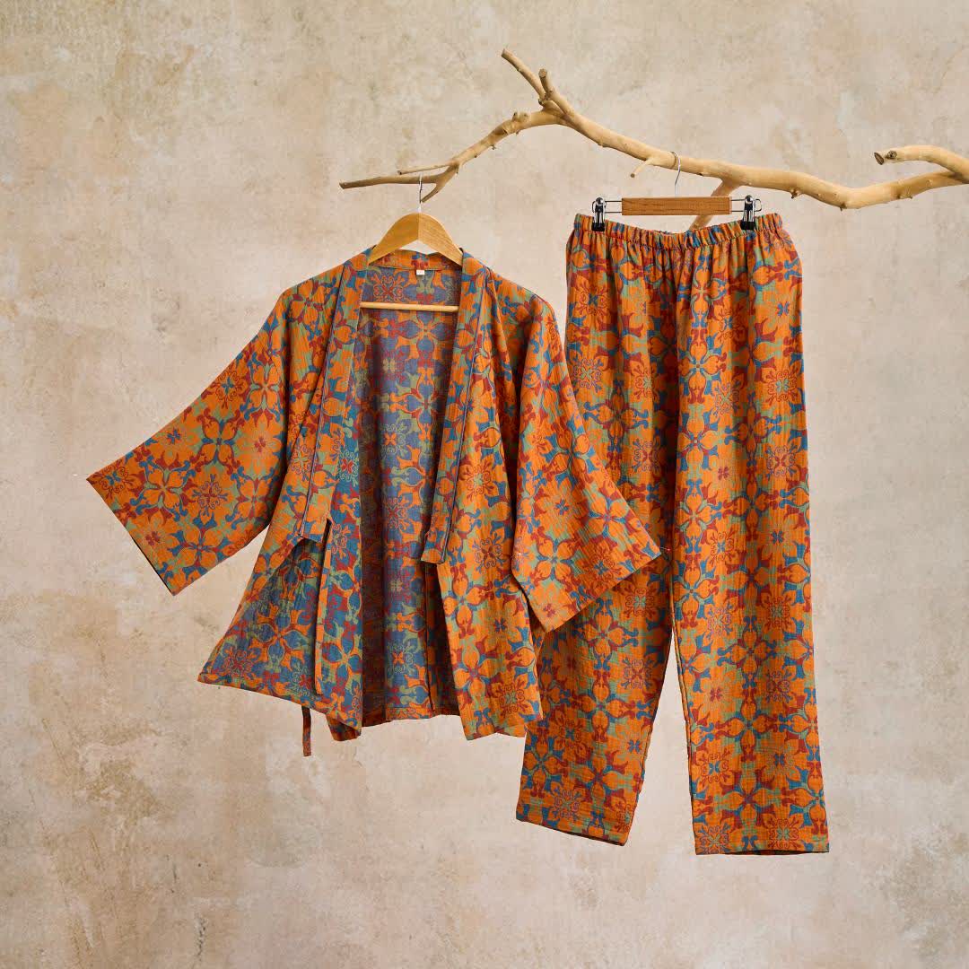 Ownkoti Geometric Pattern Cotton Kimono Loungewear Set - Orange - XL - image 1
