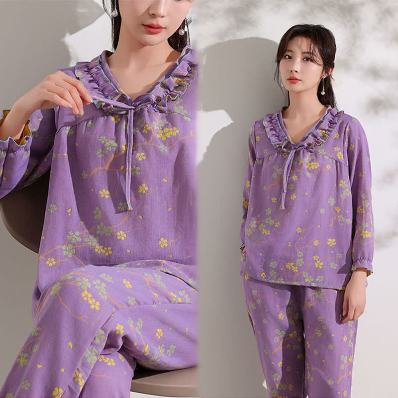 Ownkoti Floral Jacquard Ruffled Cotton Loungewear Set - image 2
