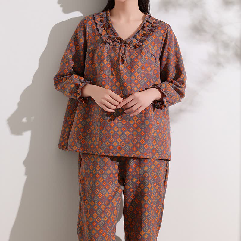 Ownkoti Geometric Jacquard Ruffled Cotton Loungewear Set - image 0