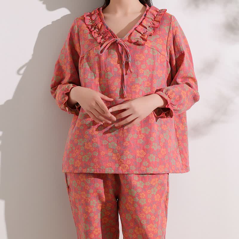 Ownkoti Pink Floral Jacquard Ruffled Cotton Loungewear - image 1