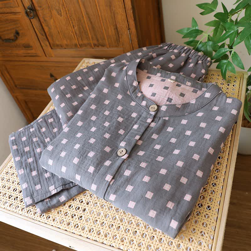 Grid Cotton Gauze Long Sleeves Loungewear - image 5