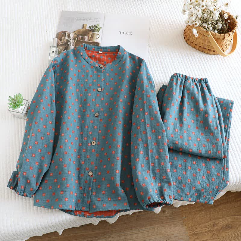 Grid Cotton Gauze Long Sleeves Loungewear - Blue - 2XL - image 2