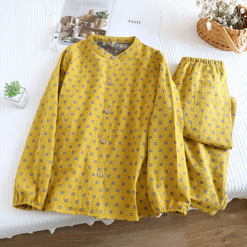 Grid Cotton Gauze Long Sleeves Loungewear - Yellow - 2XL - image 0