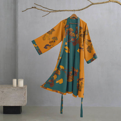Ownkoti Large Ginkgo Leaf Cotton Kimono Robe - Yellow & Green - XL - image 9
