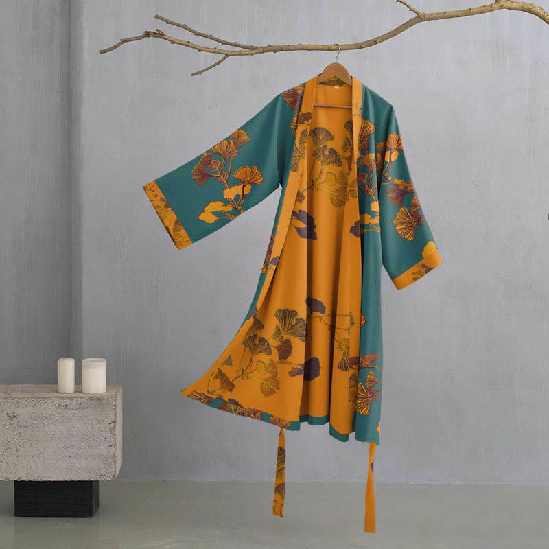 Ownkoti Large Ginkgo Leaf Cotton Kimono Robe - Green & Yellow - XL - image 8