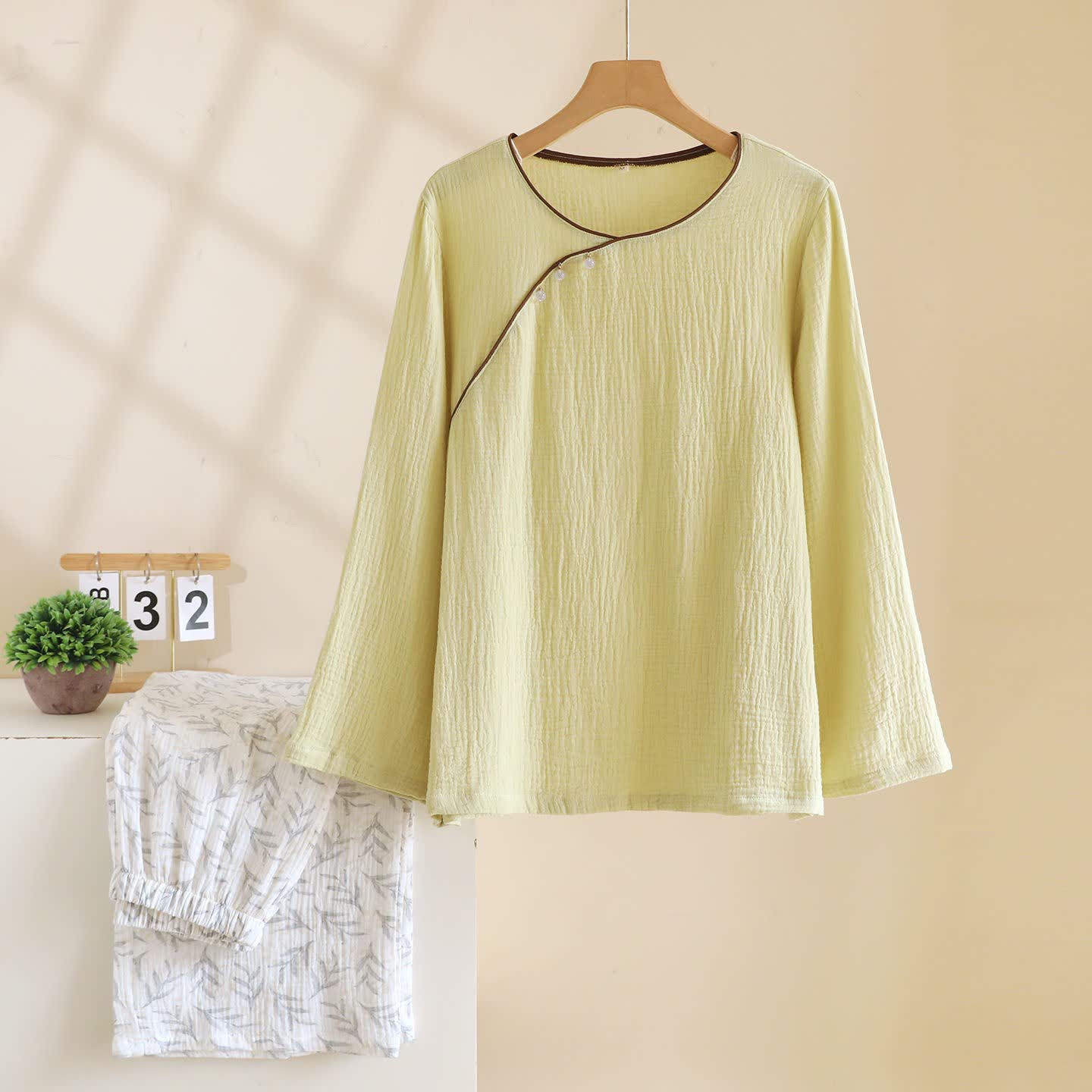 Ownkoti Oriental-inspired Leaf Cotton Loungewear - Green - XL - image 3