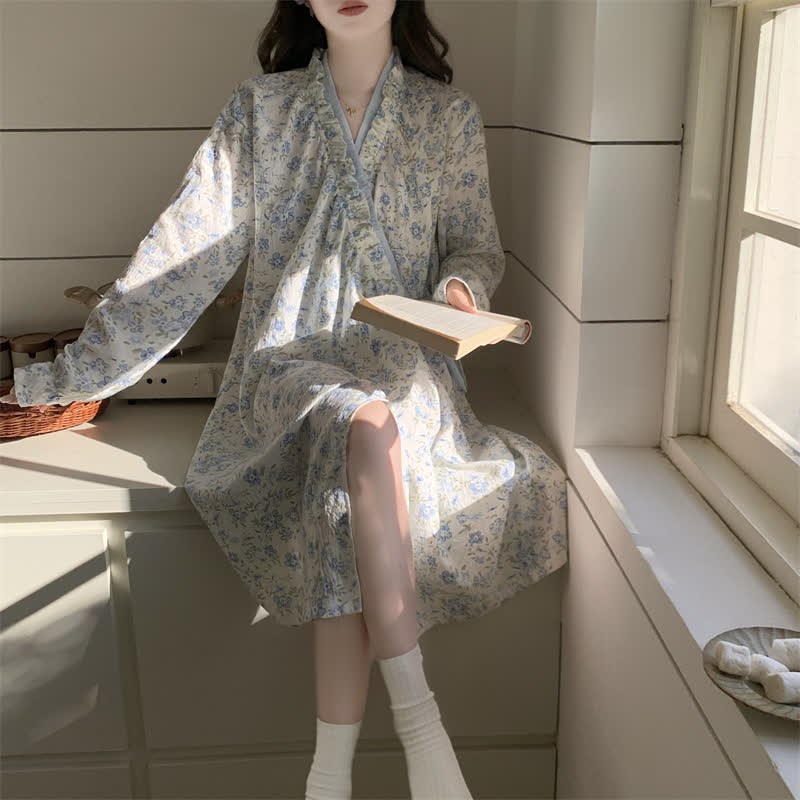 Ownkoti Blue Floral Long Sleeve Ruffled Nightgown - image 4