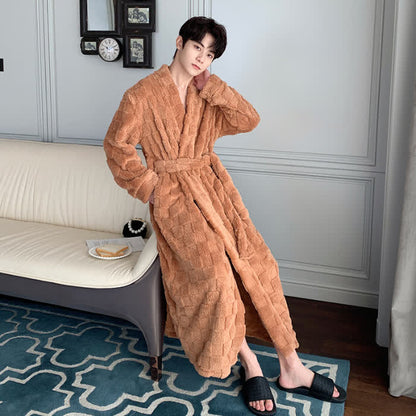 Ownkoti Solid Color Grid Textured Plush Bathrobe - Brown - Men: XXXL - image 7