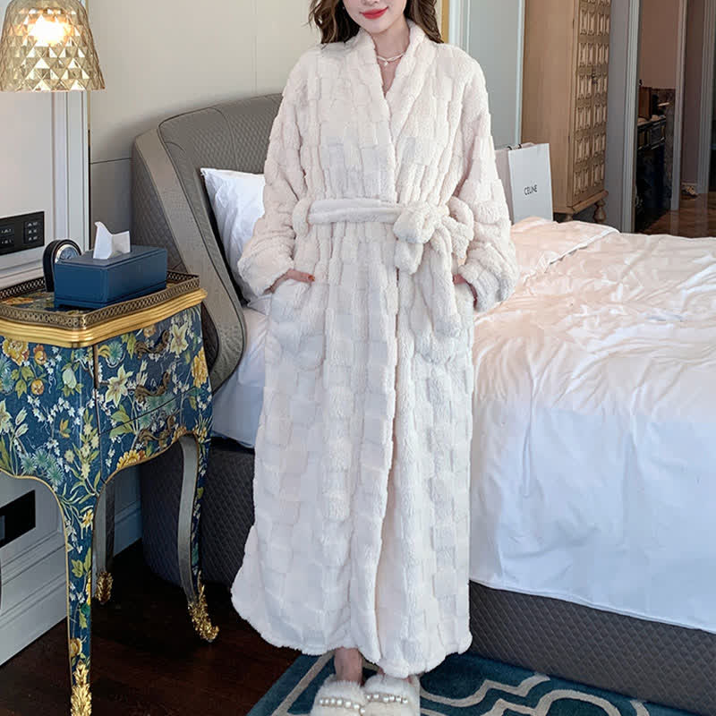 Ownkoti Solid Color Grid Textured Plush Bathrobe - Beige - Women: XXXL - image 4