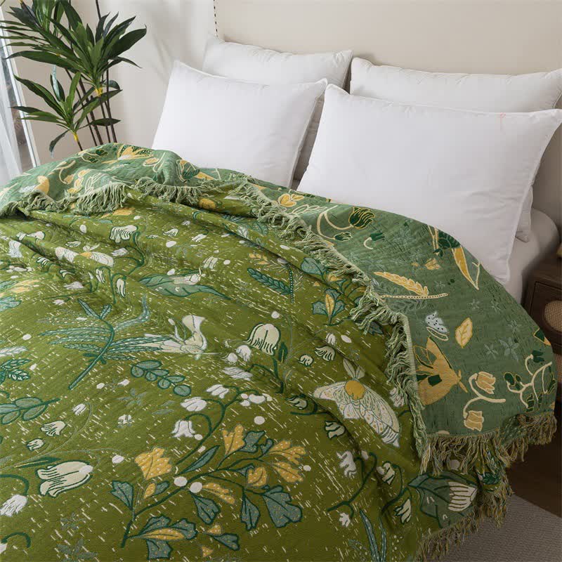 Ownkoti Green Leaf Floral Cotton Tassel Blanket - image 7