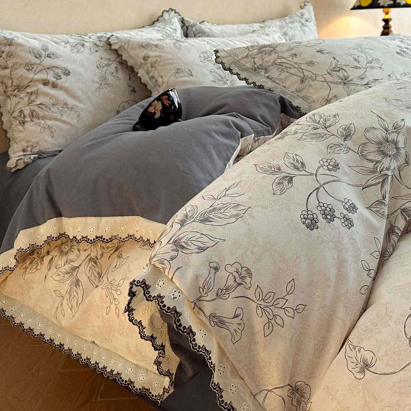 Ownkoti Brushed Cotton Floral Lace Bedding Set - Gray - King - image 1