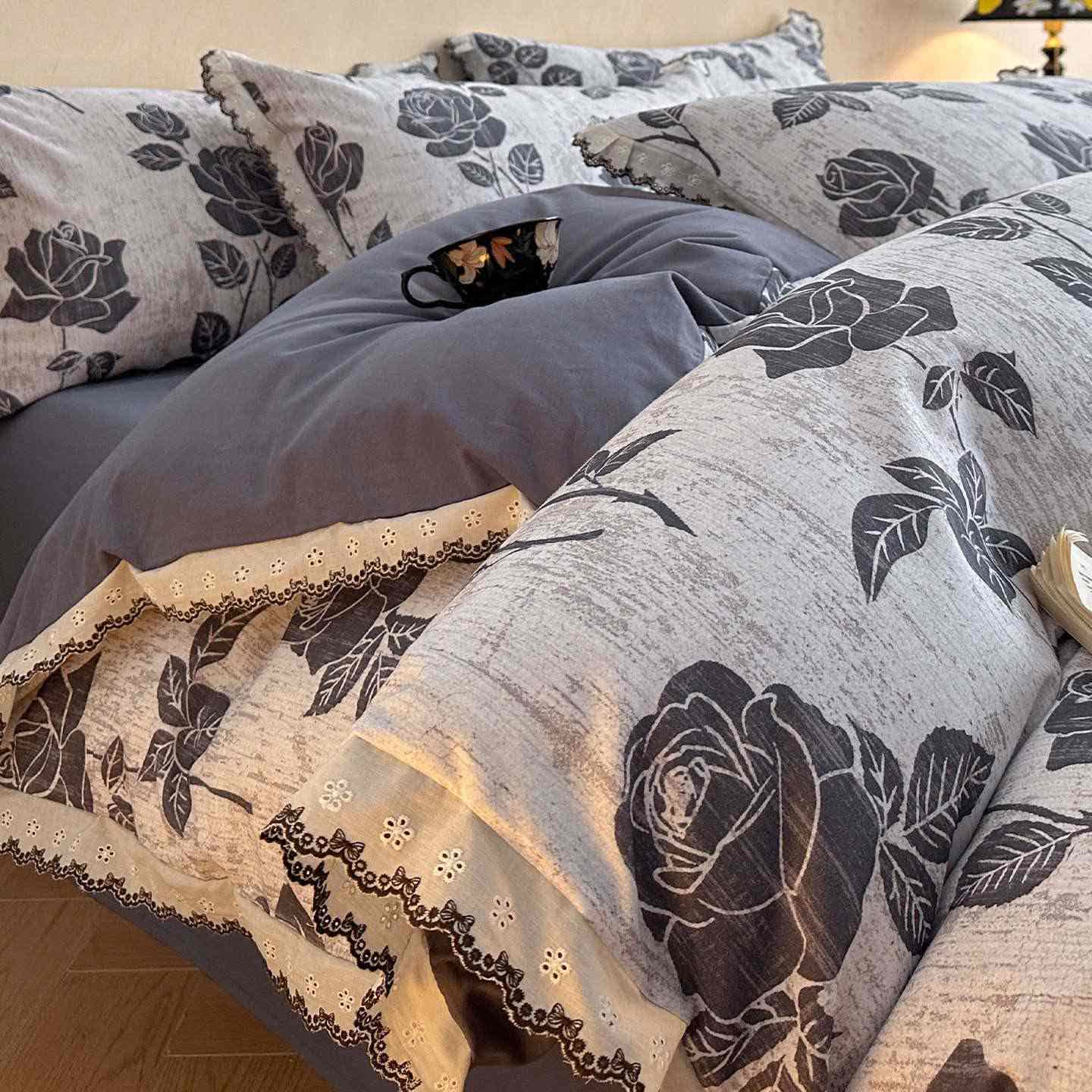 Ownkoti Brushed Cotton Rose Lace Bedding Set - Gray - King - image 1