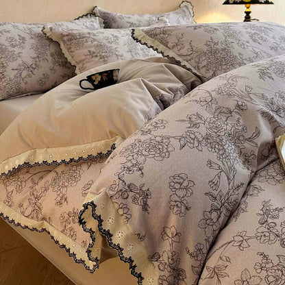 Ownkoti Brushed Cotton Artistic Floral Lace Bedding Set - Coffee - King - image 1