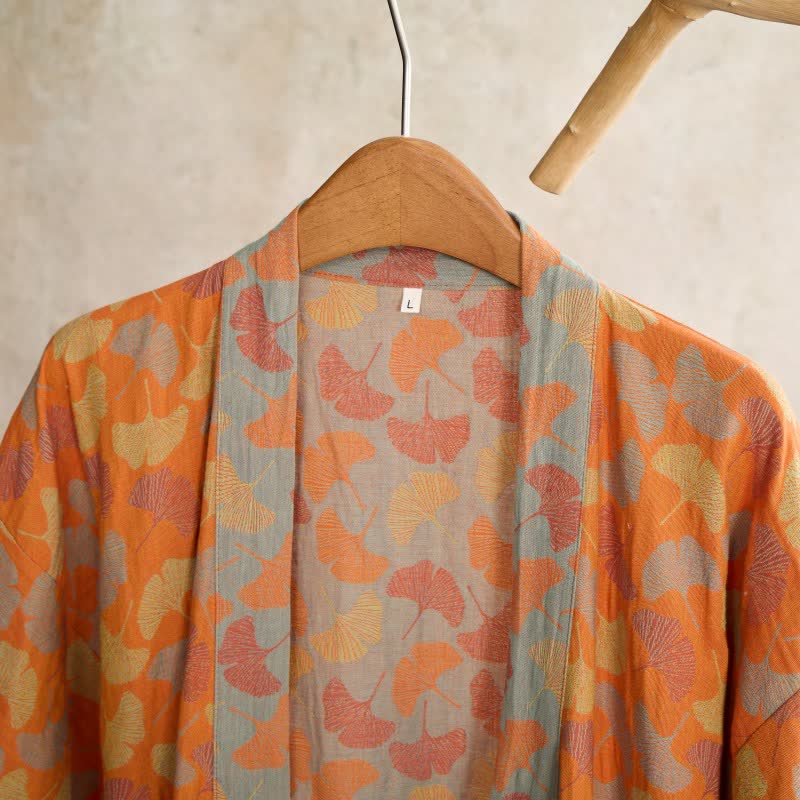 Ownkoti Orange Ginkgo Leaf Cotton Kimono Robe - image 3