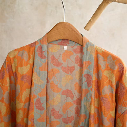 Ownkoti Orange Ginkgo Leaf Cotton Kimono Robe - image 3