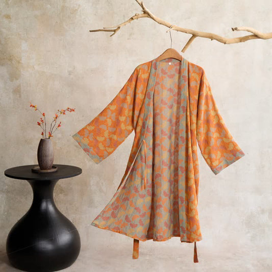 Ownkoti Orange Ginkgo Leaf Cotton Kimono Robe - Orange - L - image 0