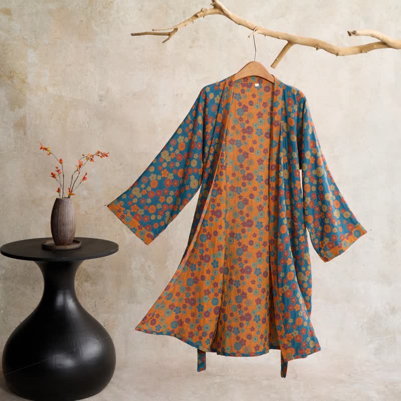 Ownkoti Vintage Floral Jacquard Cotton Kimono Robe - Lake Blue - XL - image 0