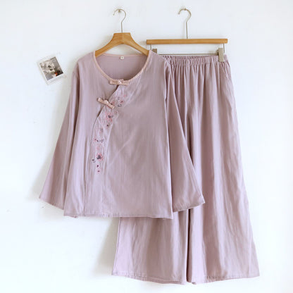 Ownkoti Oriental Style Floral Embroidered Loungewear Set - Light Purple - XL - image 3