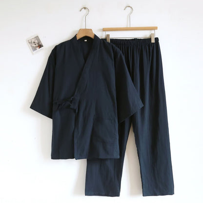 Ownkoti Unisex Solid Cotton Kimono Loungewear Set - Navy Blue - XL - image 7