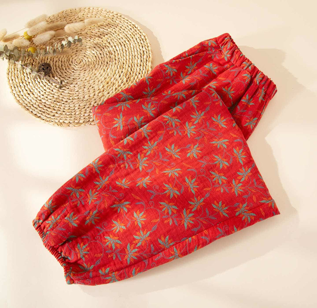 Leaf Inspired Cotton Gauze Pajama Pants - Red - L - image 0