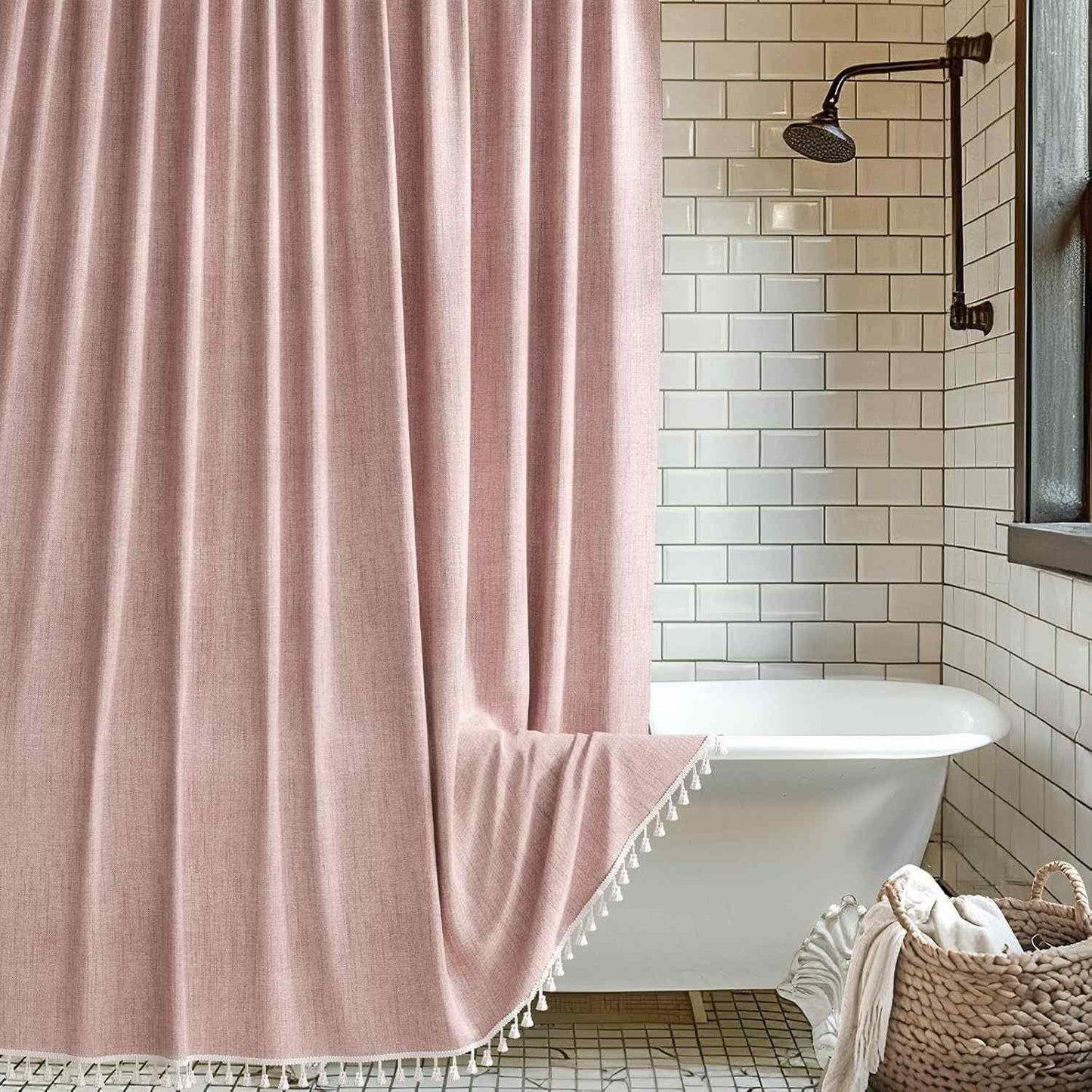 Solid Color Minimalist Tassel Shower Curtain - Pink - 72"W x 78"L - image 1