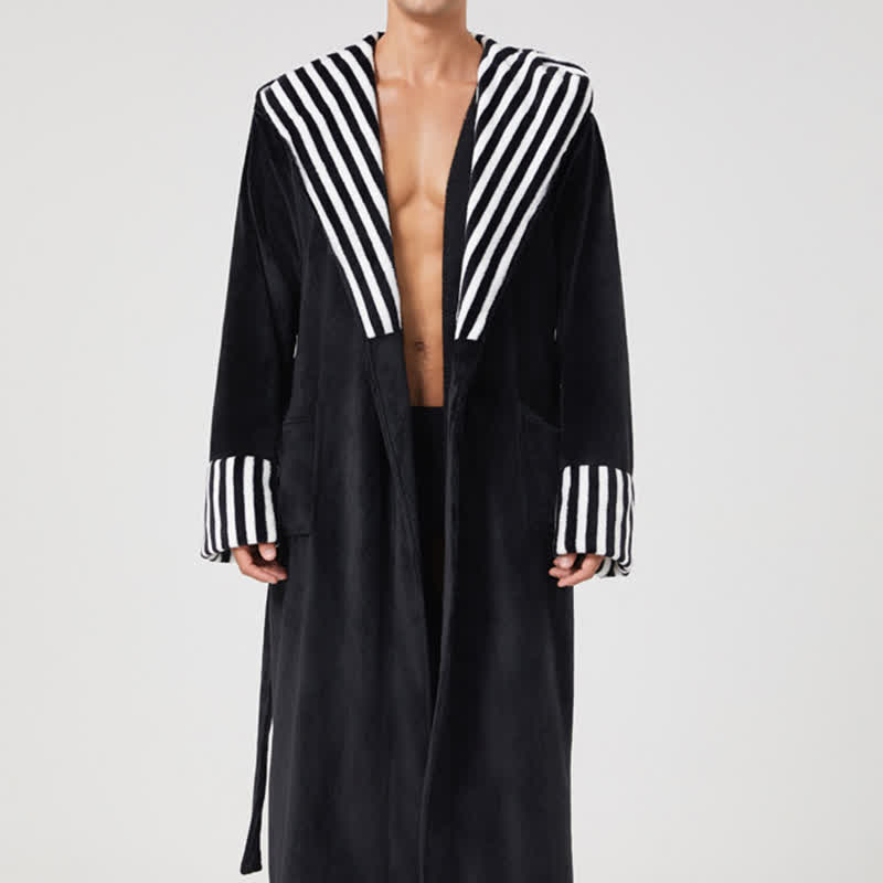 Unisex Striped Collared Hooded Plush Robe - image 1