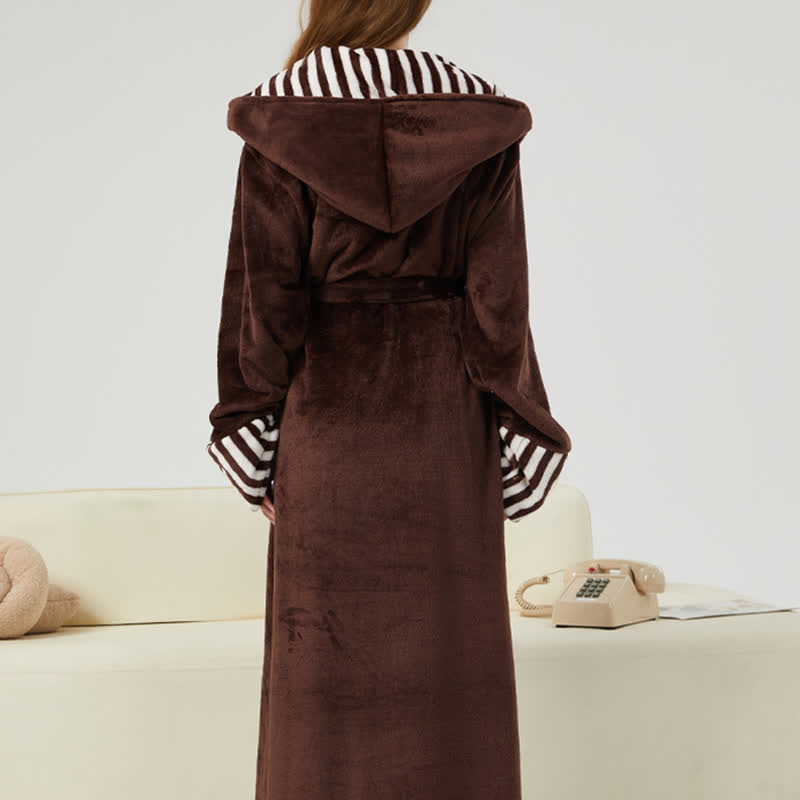 Unisex Striped Collared Hooded Plush Robe - image 4
