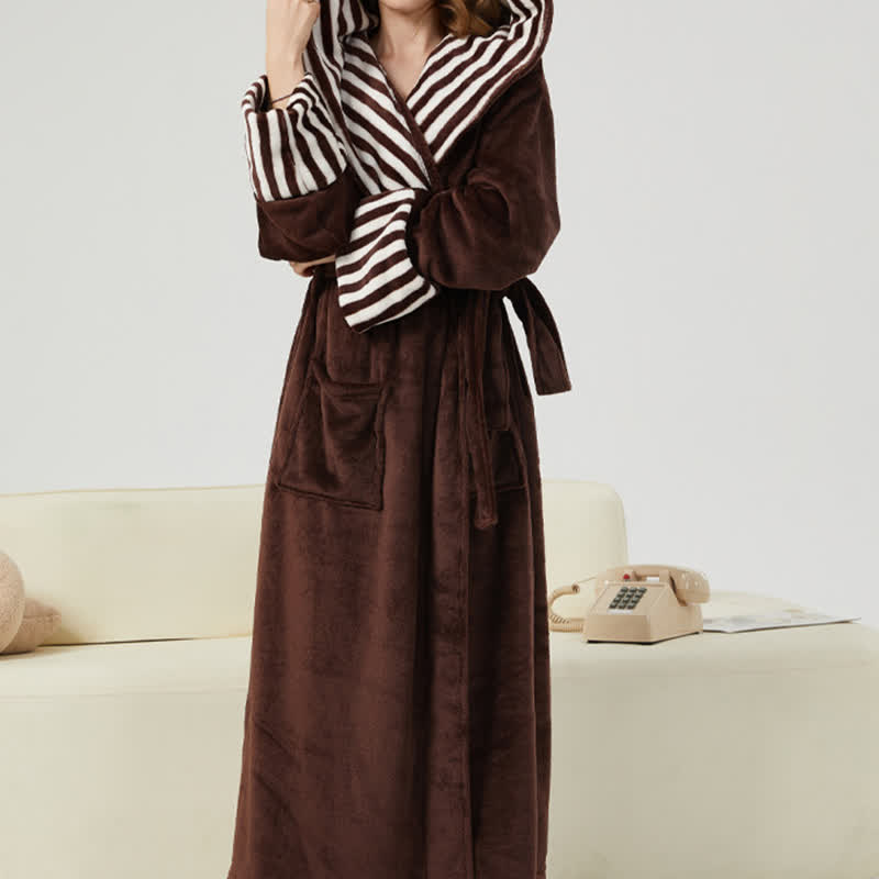 Unisex Striped Collared Hooded Plush Robe - image 3