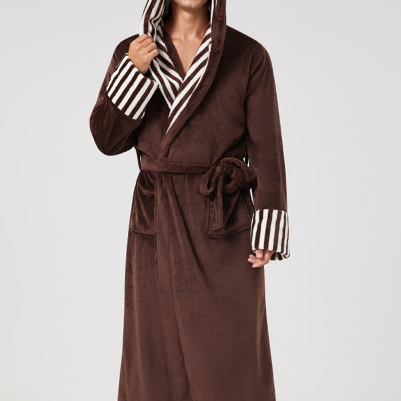 Unisex Striped Collared Hooded Plush Robe - image 5