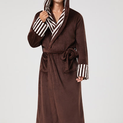 Unisex Striped Collared Hooded Plush Robe - image 5