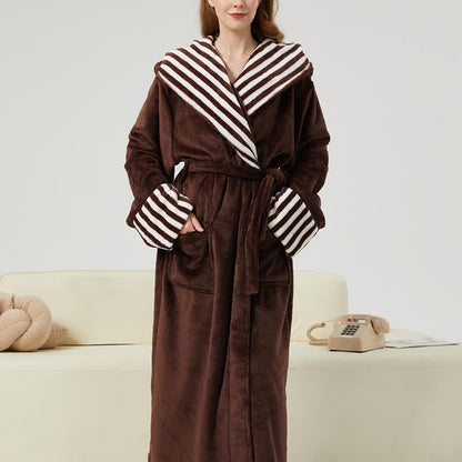 Unisex Striped Collared Hooded Plush Robe - Brown - 2XL - image 2