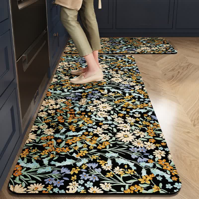 Rustic Daisy Absorbent Kitchen Rug - Black & Yellow - 23" x 35"+23" x 79" - image 0
