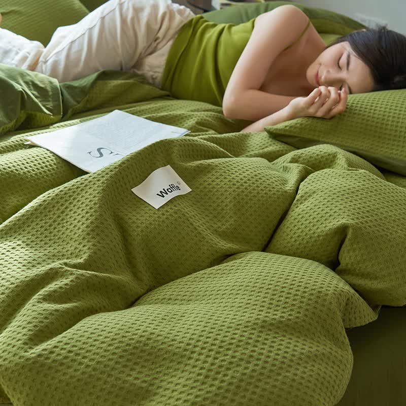 Solid Waffle Weave Cotton Bedding Set - Olive Green - King - image 0