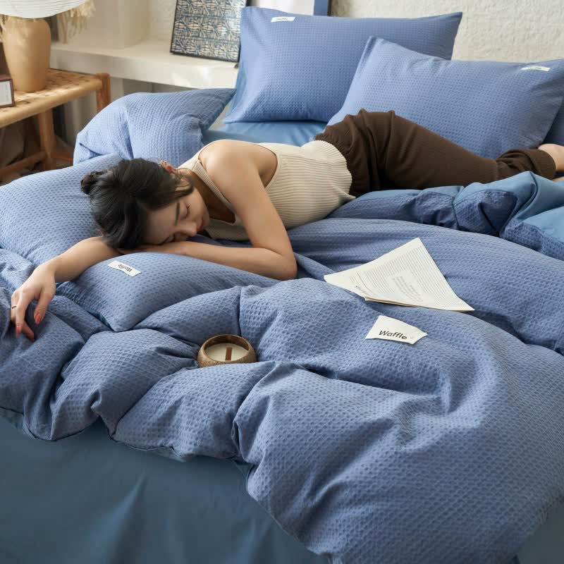 Solid Waffle Weave Cotton Bedding Set - Dark Blue - King - image 11
