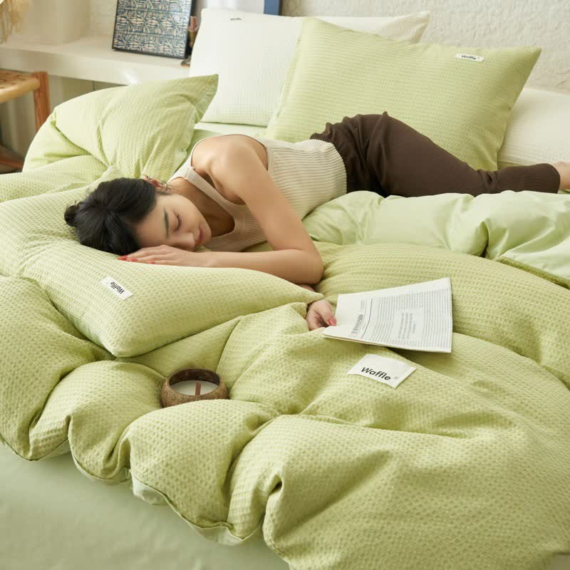 Solid Waffle Weave Cotton Bedding Set - Light Green - King - image 12