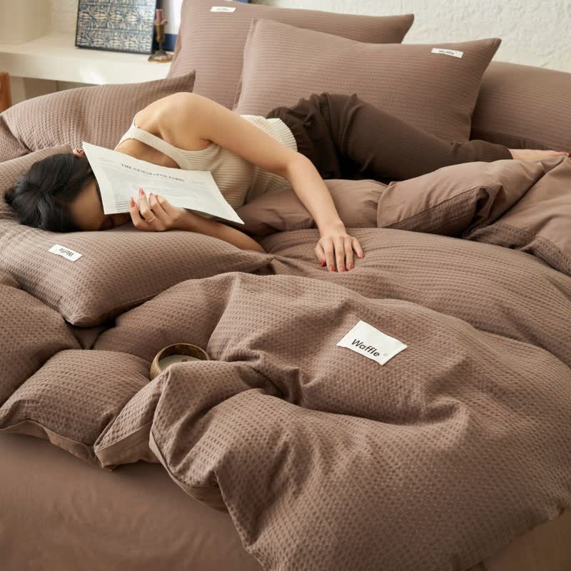 Solid Waffle Weave Cotton Bedding Set - Brown - King - image 18