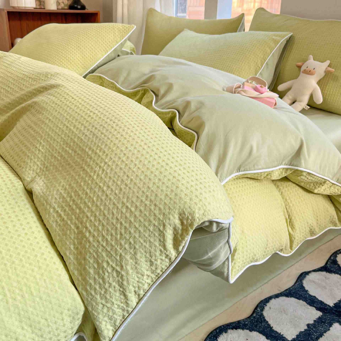 Minimalist Waffle Cotton Bedding Set - Light Green - King - image 9