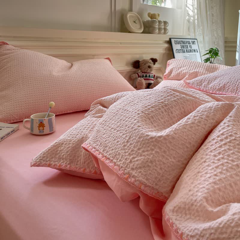 Waffle Textured Pure Cotton Bedding - Pink - King - image 10