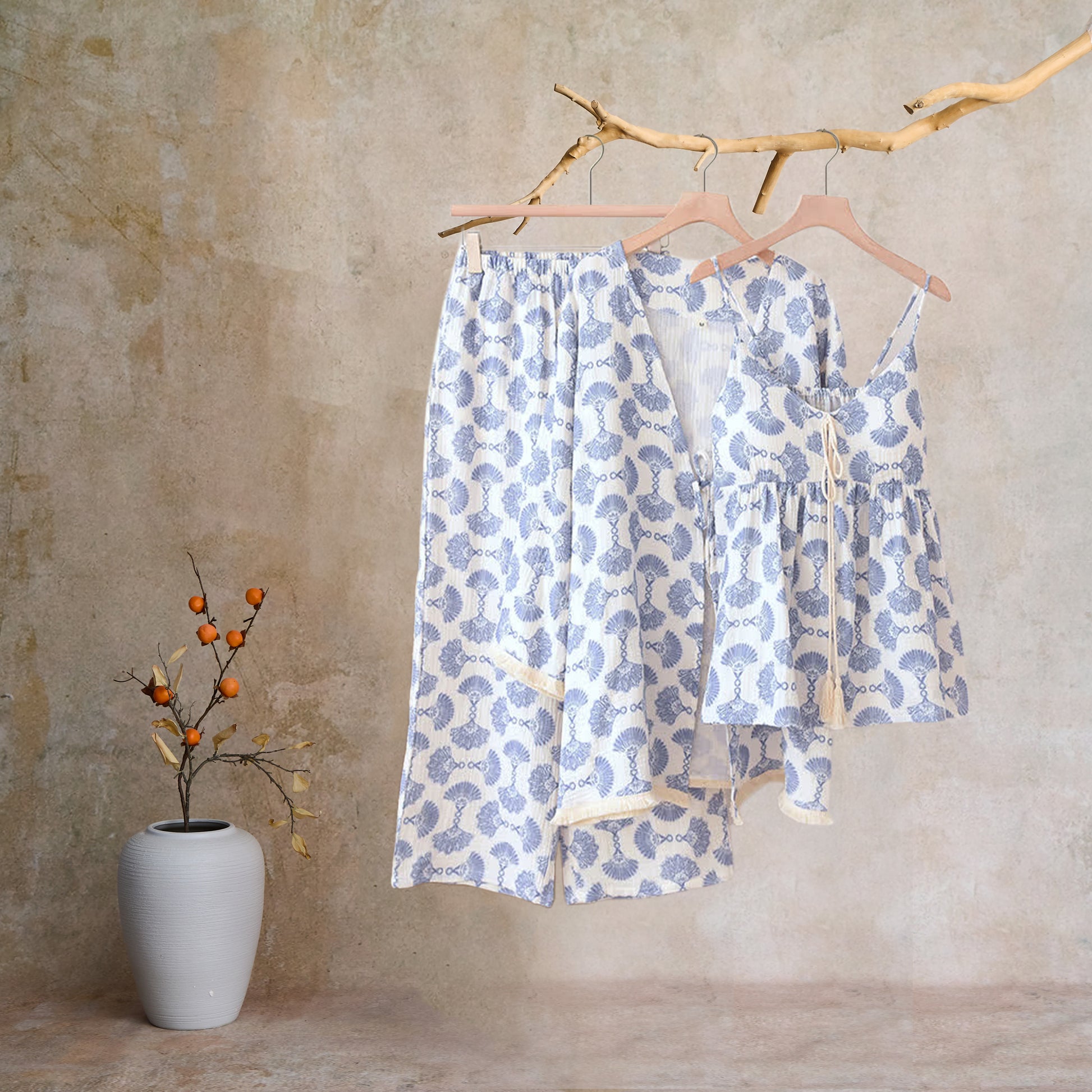 Blue Fan Print Cotton Loungewear Set (3PCS) - image 5