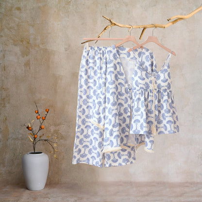 Blue Fan Print Cotton Loungewear Set (3PCS) - image 5