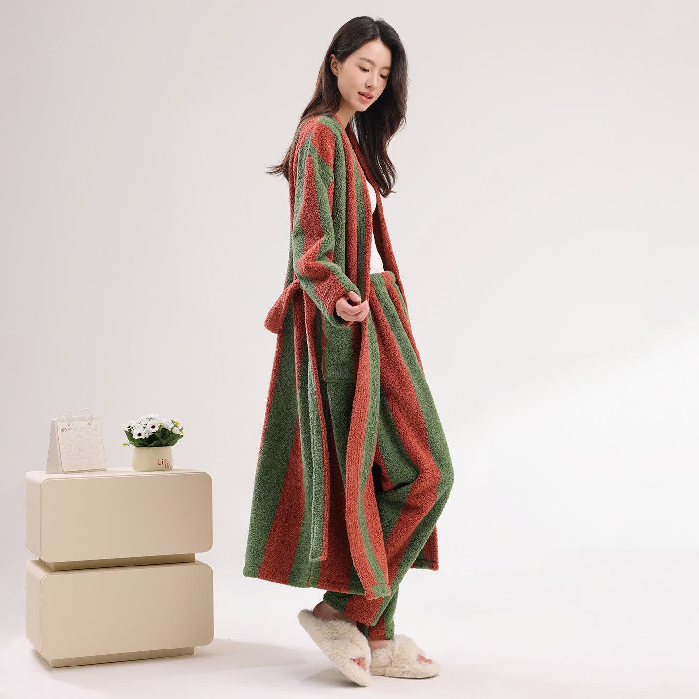 Bold Vertical Stripe Plush Robe - Red - Bathrobe with Pants - 2XL - image 1