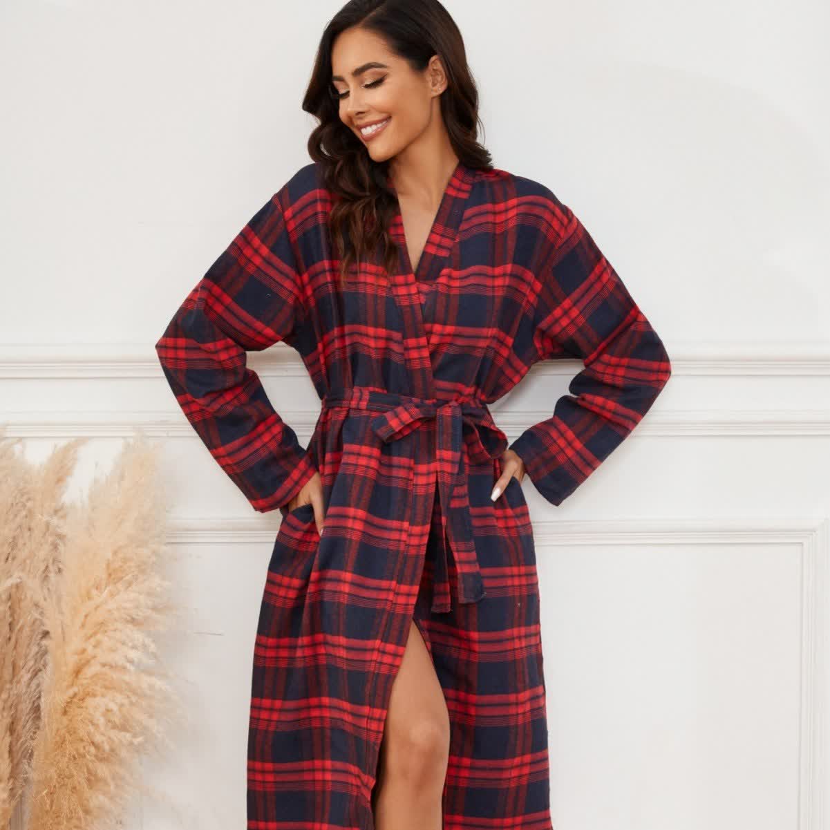 Classic Plaid Brushed Lounge Robe - Red & Black - XL - image 0