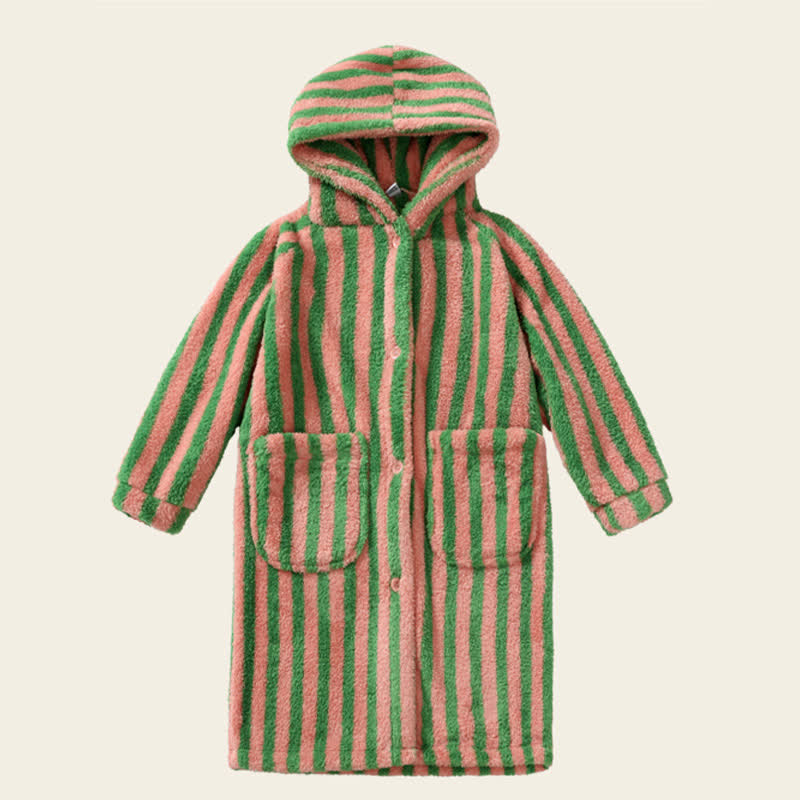 Ownkoti Striped Hooded Plush Warm Child Robe - Pink & Green - Child:140-160cm - image 8