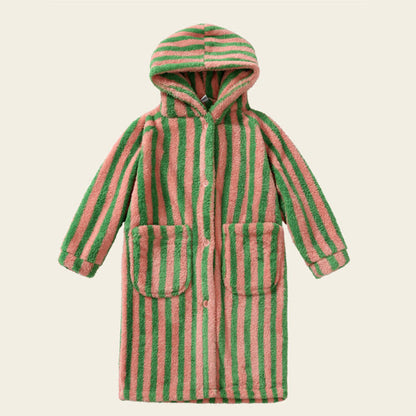Ownkoti Striped Hooded Plush Warm Child Robe - Pink & Green - Child:140-160cm - image 8