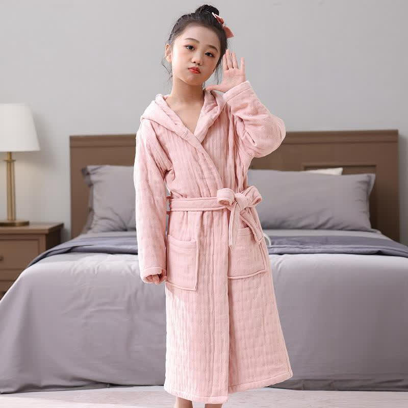 Solid Cotton Gauze Hooded Child Bathrobe - image 2